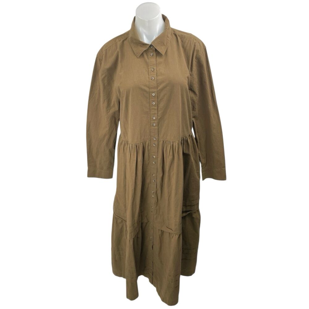 NEW Madewell Brown Pleated Long Sleeve Tiered A Line Midi Shirt Dress Size L